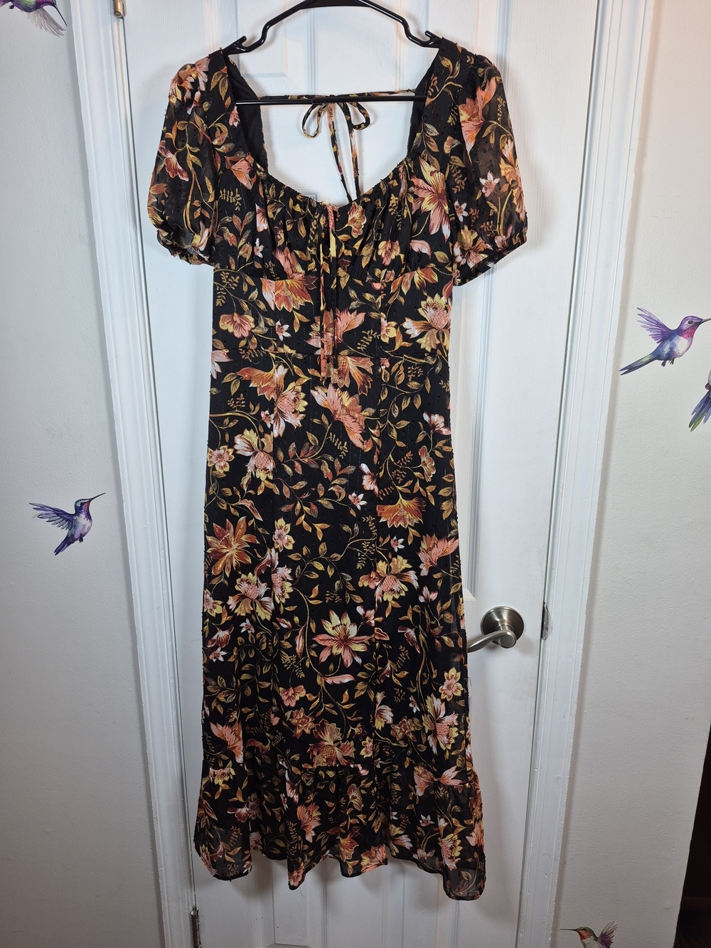 A. BYER Floral Metallic Clip Dot Midi Dress Black Orange Size Medium Puff Sleeve
